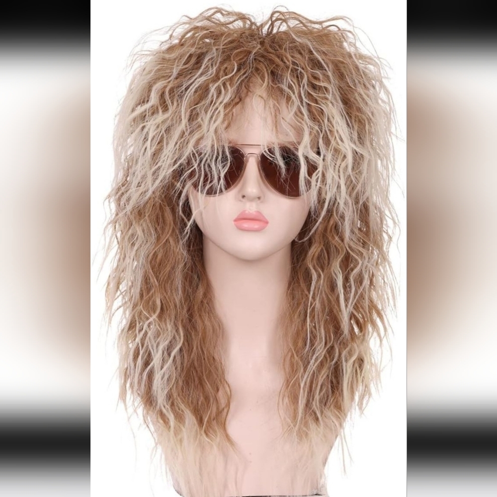 Unisex Long Brown Gradient Blonde Wave 80s Wig 70s Halloween Mullet Cosplay